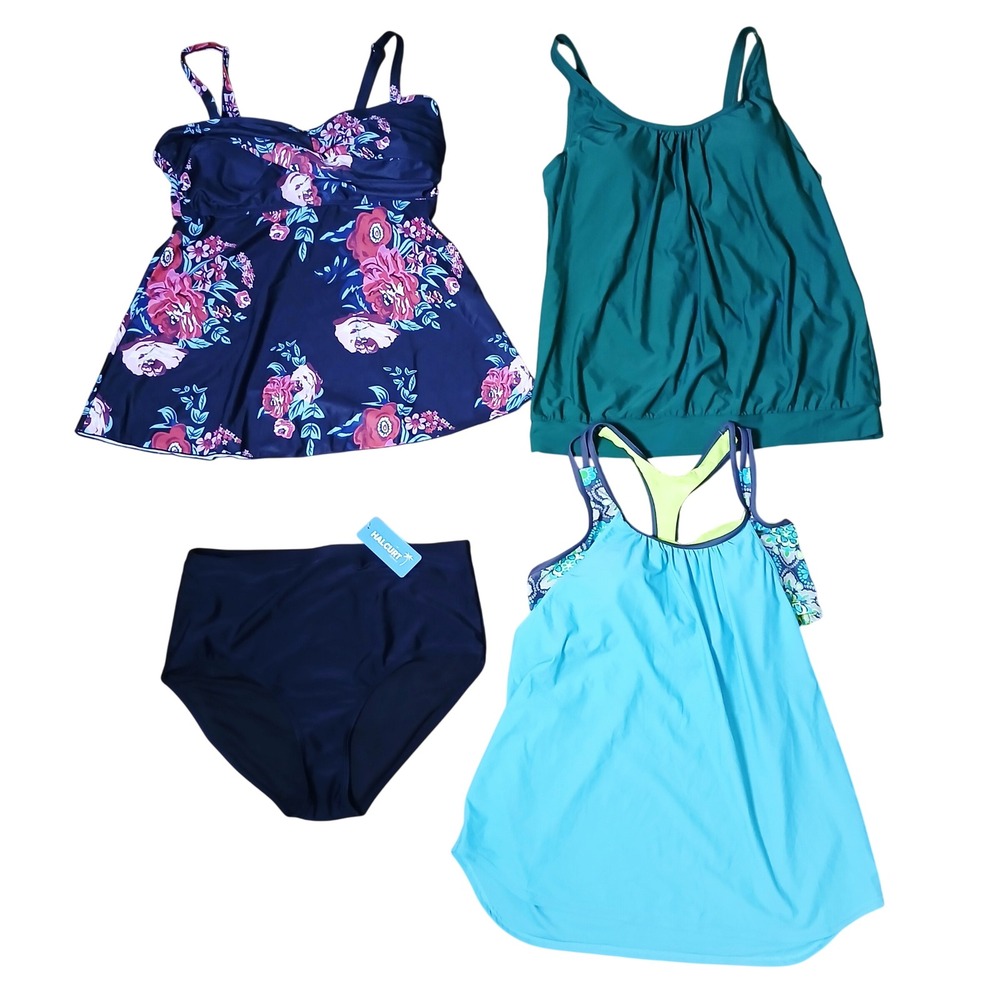 Tankini Swimsuit Lot 4pc XL Floral Solid High Waist Bottoms